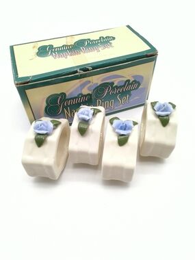 Vintage Genuine Porcelain Napkin Ring Set - 4pc Blue Rose Trim